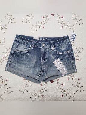 GRACE Women's Blue Denim Roll-Hem Shorts